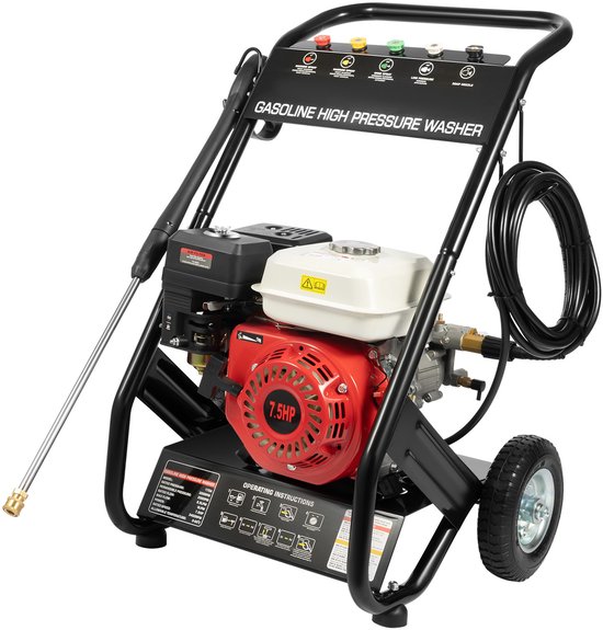 CINK Tools 7,5 PK Benzine Hogedrukreiniger 2200 PSI – Zelfaanzuigend Hogedrukspuit met 5 Spuitmonden, 8 m Slang & Wielen – Krachtige Buitenreiniger voor Auto, Tuin & Oprit van Merkloos	