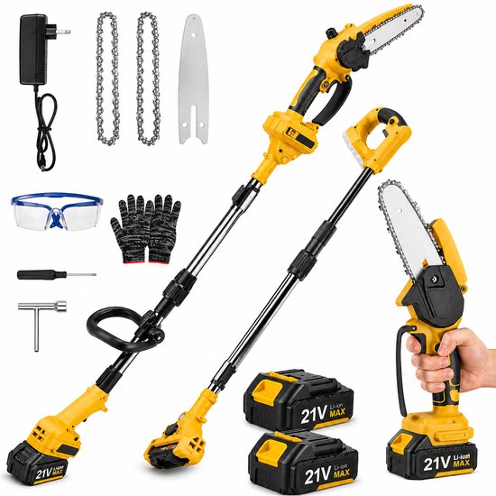 CINK Tools® Accu Kettingzaag met Steel – 2 Accu’s – Elektrische Snoeizaag 6 Inch – Telescopische Stokzaag – Voor Bomen & Tuinonderhoud