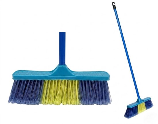 Clean bezem met Lange Steel - 134x32 cm - Professionele Kamerbezem voor Parket, Laminaat & PVC - Anti-Statische Vloerveger - Verwijdert Dierenharen & Stof - Ergonomische Huisbezem - Krasvrije Vloerborstel voor Woonkamer & Keuken - Blauw/Blauw