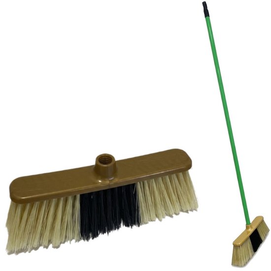 Clean Bezem met Steel - 132x28 cm - Binnenbezem - Voor Parket & Laminaat - Kamerveger - Zaalveger - Zachte Bezem - Straatbezem - Binnen Bezem - Ergonomische Huishoudbezem - Krasvrije Veger voor Gladde Vloeren - Fijnhaar Zachte Borstel - Geel/Groen