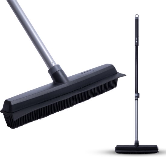 CLEANLY Rubberen Bezem met Vloertrekker - Kappersbezem - Zachte Bezem Binnen en Buiten - Telescopisch 114-142 cm - Breedte 34 cm - Zwart, Grijs van CLEANLY