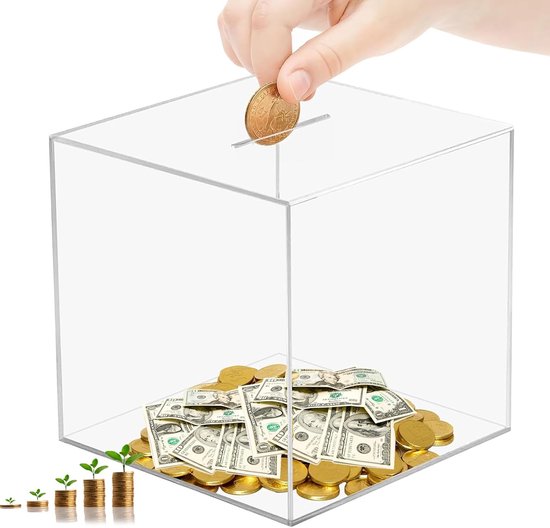 Clear Acrylic Money Box - 12 x 12 cm - Schokbestendig Glas - Transparante Spaarpot voor Volwassenen of Kinderen van WIZZGARD.