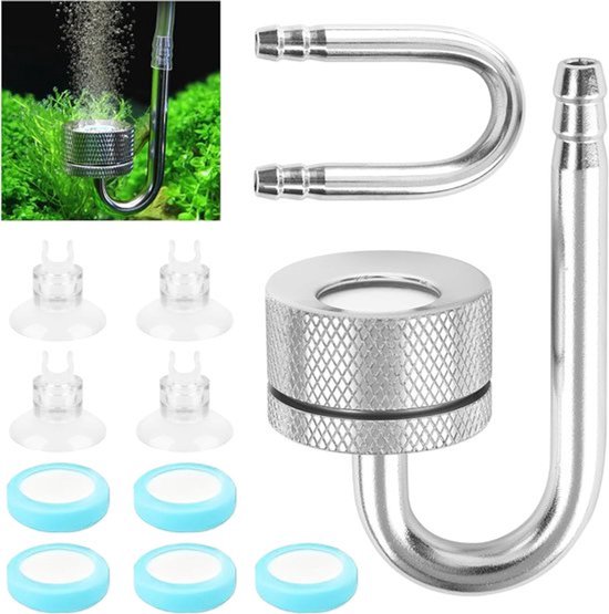 CO2-diffuser - aquariumverstuiver - CO2-diffuser met zuignappen en U-buis - kooldioxidediffuser - glazen buis - aluminiumlegering - bubbler accessoires voor aquarium - zoetwatervisplanten - aquascaping benodigdheden - aquariumbewoners