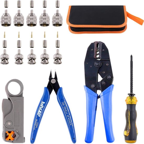 Coaxial Cable Tool Set - Coaxial RF Connector Crimping Tool - Coaxial Cable Stripper - BNC/UHF Crimp Male Connectors - Wire Cutter - Screwdriver voor RG58 - RG59 - RG62 - RG174 van Merkloos	