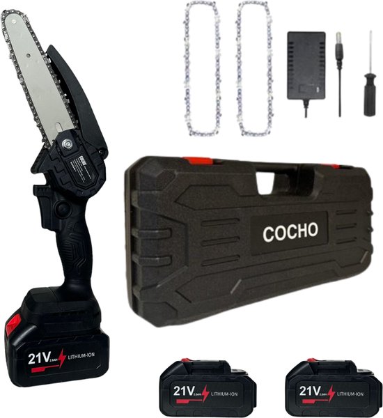 COCHO® Mini kettingzaag 6 Inch - Snoeizaag - Kettingzaag - Kettingzaag Electrisch met 2 Accu en 2 Zaagketting - Inclusief Koffer Zwart van Merkloos	