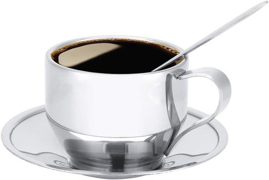 Coffee Cup Set Stainless Steel Double Wall Insulated Coffee Mug European Espresso Latte Cappuccino Milk Cup with Saucer Spoon van Merkloos	