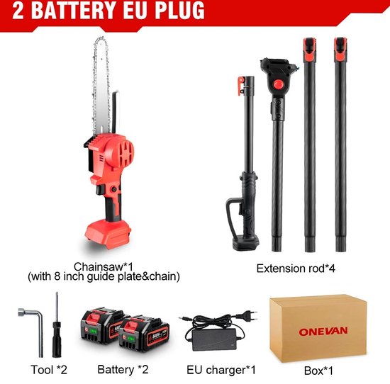 Collox Draadloze kettingzaag op steel - 4500W - Voor hoge takken - Verstelbaar in 3 standen - Met antislip hendel - Snoeitool voor Makita - Inclusief 2 oplaadbare batterijen en oplader, van Merkloos	