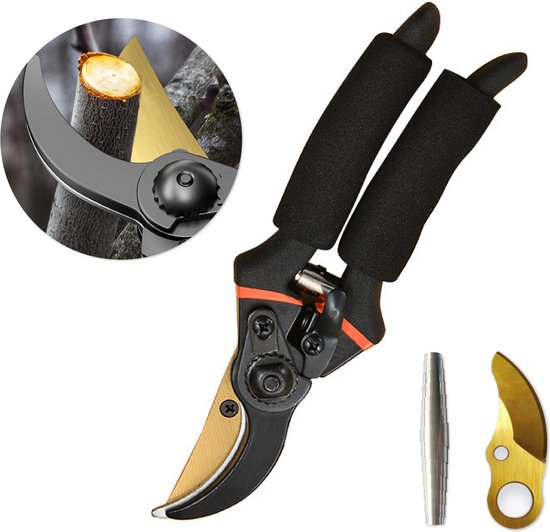 Colorful Sun® Snoeischaren - 1 Stuk - Met Reserveblad en Springplantenschaar - Tuinscharen - Snoeischaar - Tuinschaar Bypass - Ø 35mm - Speciale Coating voor Grip, Comfort en Duurzaamheid - Zwart/Oranje van Colorful Sun®