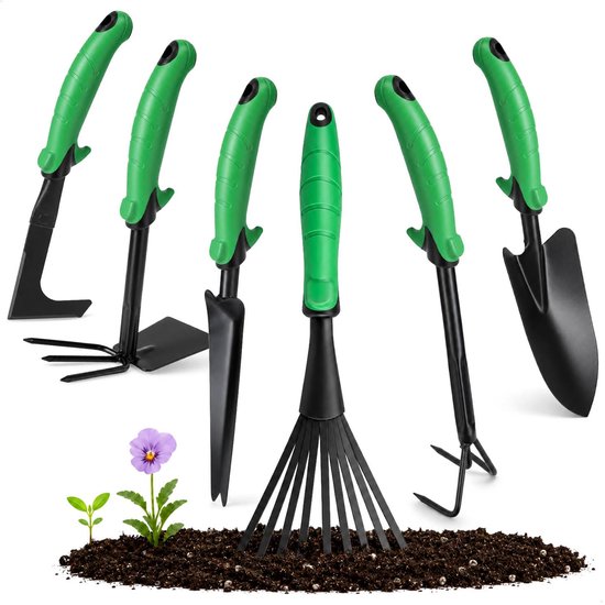 com-four® 6-delige tuin gereedschapset met voegenkrabber, plantschep, onkruidsteker, handcultivator, dubbelhak en handbezem voor tuinwerk (06-teiliges Gartenset)
