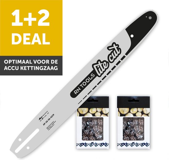 Combiset bestaande uit RNtools zaagblad LiteCut 40cm voor accu kettingzaag (o.a. DeWalt, Milwaukee, Makita, EGO) + 2x RNtools zaagketting 3/8 1.1mm 56 schakels van RNtools