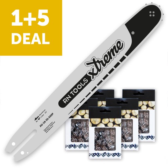 Combiset bestaande uit RNtools zaagblad Xtreme 40cm (o.a. Stihl) + 5x RNtools zaagketting 3/8 1.3mm 55 schakels van RNtools