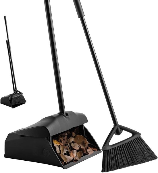 Commerciële hoekbezem en stofpan combo met lange steel voor binnen en buiten gebruik (zwarte bezem + stofpan) van Merkloos	