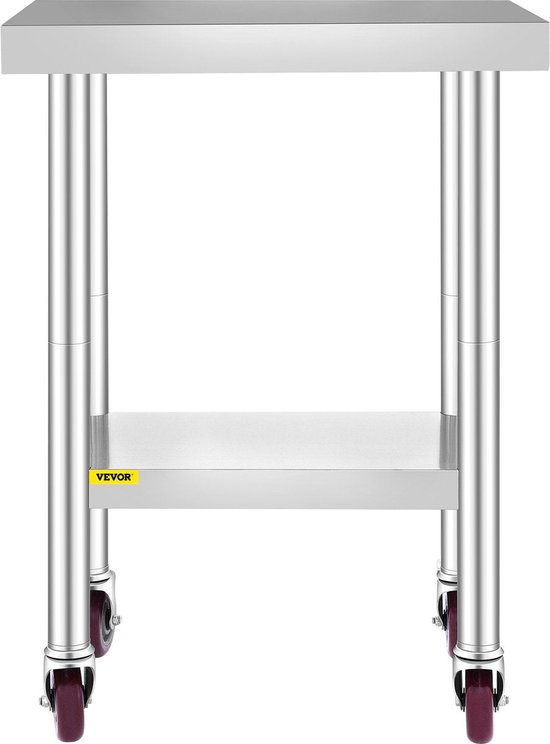 Commerciële Keukentafel - 2 Planken - Roestvrij Staal - 150kg Laadvermogen - Voedselbereidingstafel met Vier 360 Graden Roterende Wielen - Verstelbare Onderplank - 61 x 46 x 86 cm - Zilver van VEVOR