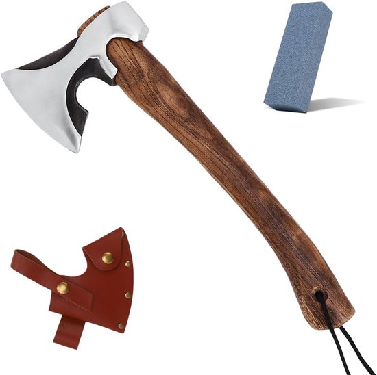 Compacte Bushcraft-bijl met Lederen Schede en Slijpsteen voor Outdoor Survival Tuinieren Houtsnijwerk, 65 Mangaanstaal Verkoold Houten Handvat