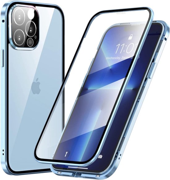 Compatibel met de beschermende schaal van de iPhone 13 Pro Max - serie metalen behuizing - magnetische adsorptie - metalen bumper - 360 bescherming - high-definition transparant dubbelzijdig glas - blauw van Merkloos	