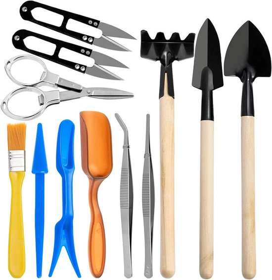 Complete Bonsai Tool Set van 12 Stukken voor Zorg en Onderhoud van Bonsai Bomen - Inclusief Bladtrimmer, Tweezers, Hark en Vouwschaar voor Succesvolle Verplanting en Tuinieren van Merkloos	