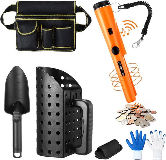 Complete set metaaldetector accessoires: pinpointer, zeefschep en handschoenen