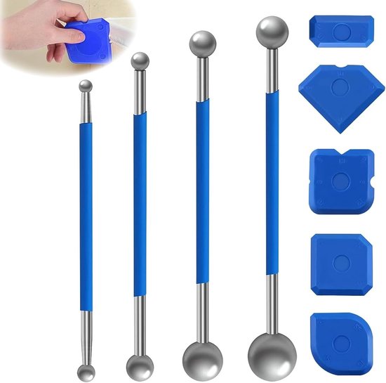 Complete set van 9 silicone badkamer gereedschappen en 4 metalen ballen voor voegen en gladstrijken van tegels in keuken en badkamer, ideaal voor renovatie en onderhoud van Merkloos	