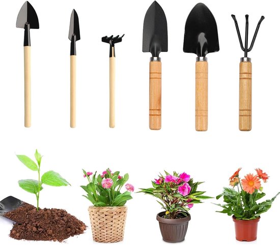 Complete Tuinset met 6 Stukken - Handgereedschap voor Planten, Tuinieren en Bonsai Onderhoud met Houten Handvatten