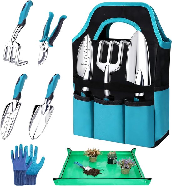 Complete Tuinset met 7 Stukken - Duurzame Tuin Gereedschappen, Opbergzak en Potgrondmat - Perfecte Tuin Cadeaus voor Tuinliefhebbers