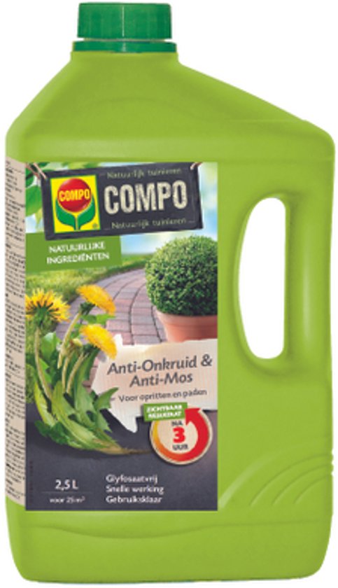 COMPO Anti-Onkruid & Anti-Mos Klaar-voor-gebruik Opritten & Paden - natuurlijke ingrediënten - eerste resultaten binnen 3 uur - bidon 2,5 L (25 m²)