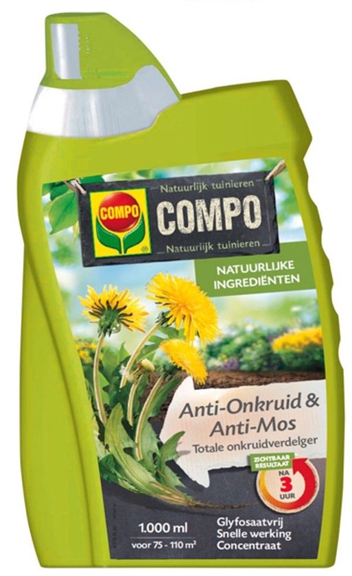 COMPO Anti-Onkruid & Anti-Mos totaal - natuurlijke ingrediënten - concentraat - eerste resultaten binnen 3 uur - fles 1L (75-110 m²) van Merkloos	