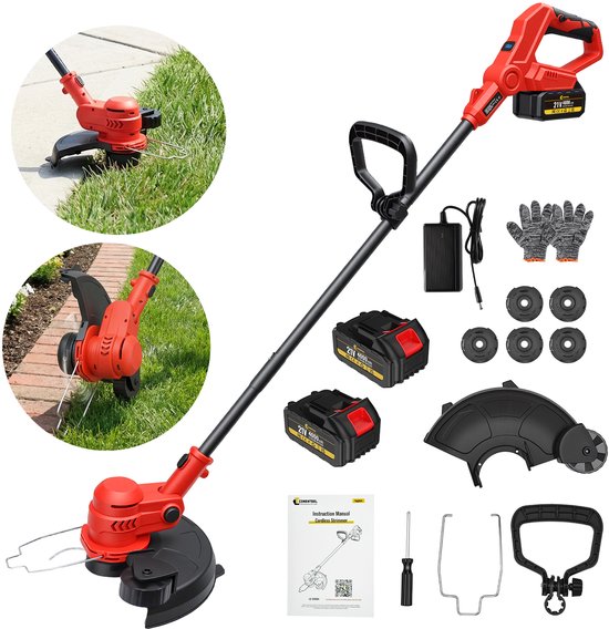 CONENTOOL 2-in-1 Kantenmaaier – Grastrimmer – Bosmaaier – Grasmaaier – Draadloos & Elektrisch – Incl. 2 Accu – met wielen –Red-32cm Cutting Diameter