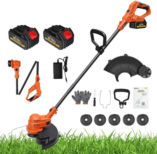 CONENTOOL 2-in-1 Kantenmaaier & Grastrimmer – Bosmaaier & Grasmaaier – Draadloos Elektrisch – Incl. 2 x 4000mAh Accu – Met Wielen – Oranje