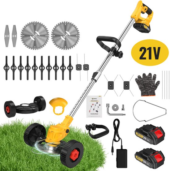 CONENTOOL 5-in-1 Accu Grastrimmer 21V 650W - Draadloze Grasmaaier met Hulpwielen - Incl. 2 Accu's - Geel van Merkloos	