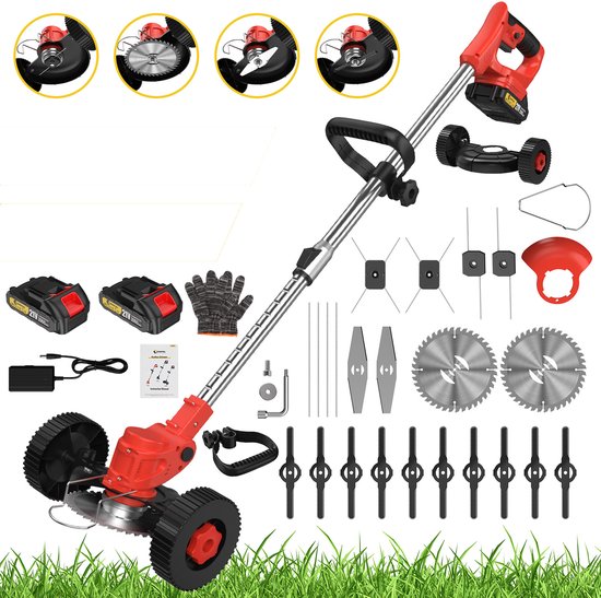 CONENTOOL 5-in-1 Accu Grastrimmer 21V 650W - Draadloze Grasmaaier met Hulpwielen - Incl. 2 Accu's - Rood