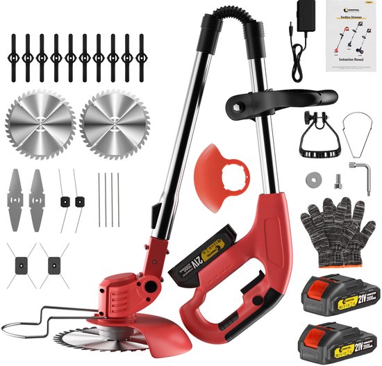 CONENTOOL 5-in-1 Elektrische Grastrimmer & Kantenmaaier – Draadloos & Inklapbaar Bosmaaier Grasmaaier – Incl. 2 Accu's – Rood van Merkloos	