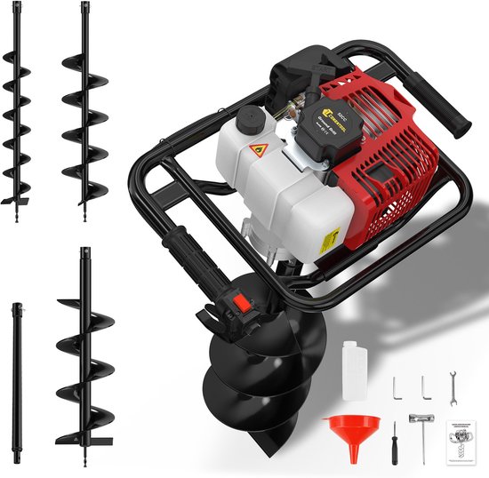 CONENTOOL 52CC 2-Takt Benzine Grondboor - 3 Boorbladen (100/150/200mm) + 1 Verlengstuk - Palenboor Grondboormachine van Merkloos	