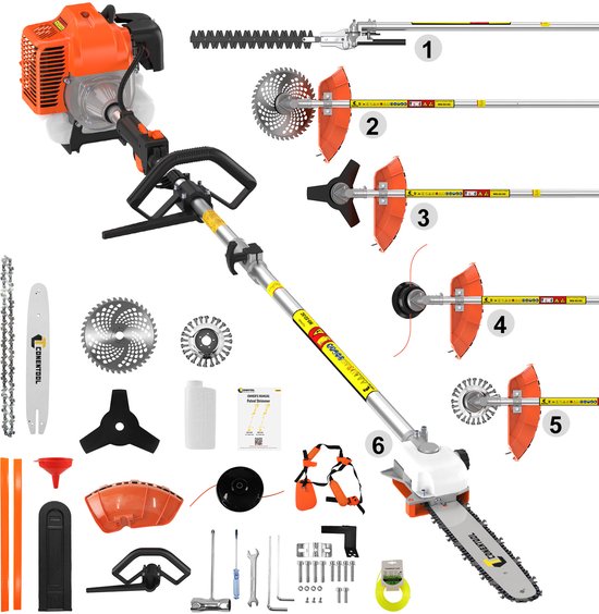CONENTOOL 52CC 6-in-1 Benzine Multitool - Bosmaaier, Kettingschaar, Heggenschaar, Stokzaag, Verlengstuk - 2-takt Tuingereedschap van Merkloos	