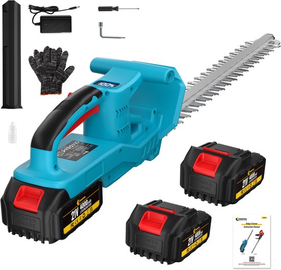 CONENTOOL Accu Heggenschaar – inclusief twee li-ion accu's 4000 mAh – 52,5 cm Zwaardlengte - 21V - blauw