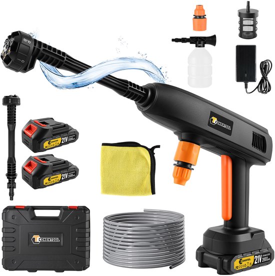 CONENTOOL Accu Hogedrukreiniger - 6-in-1 Multifunctioneel - 21V 2000mAh - Incl. 2 Accu's - 650W - 40Bar van Merkloos	