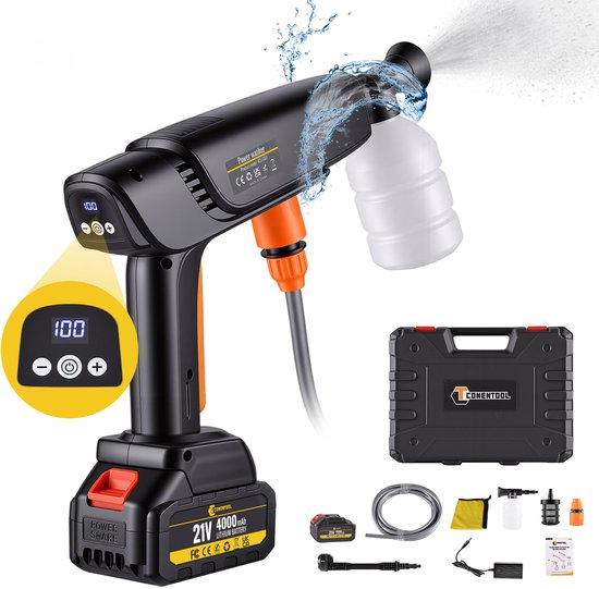 CONENTOOL Accu Hogedrukreiniger - borstelloos - 550W - 6-in-1 Draadloze Hogedrukreiniger - met 1x 4.0Ah Batterij van Merkloos	
