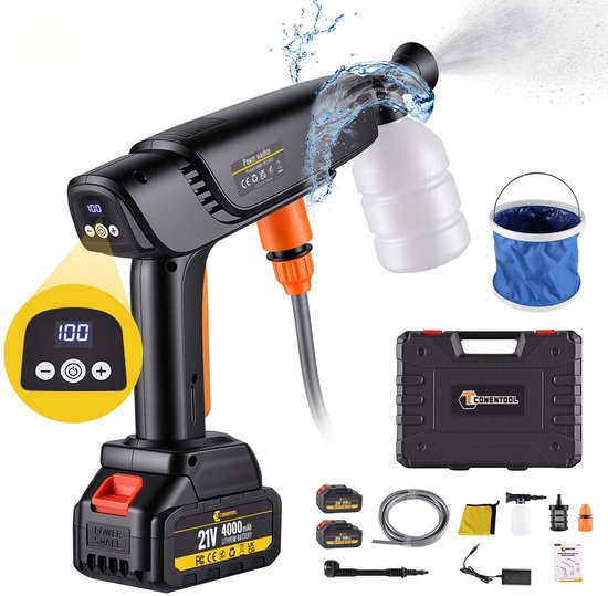 CONENTOOL Accu Hogedrukreiniger - borstelloos - 550W - 6-in-1 Draadloze Hogedrukreiniger - met 2x 4.0Ah Batterij van Merkloos	