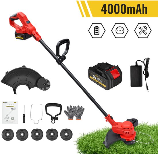 CONENTOOL Bosmaaier - Grastrimmer - Bosmaaiers - Bosmaaier accu - Gehele set - Grasmaaier - Draagbare Elektrisch Grasmaaiers - 30cm Cutting Diameter – Verstelbare lengte - Red - voor Tuin
