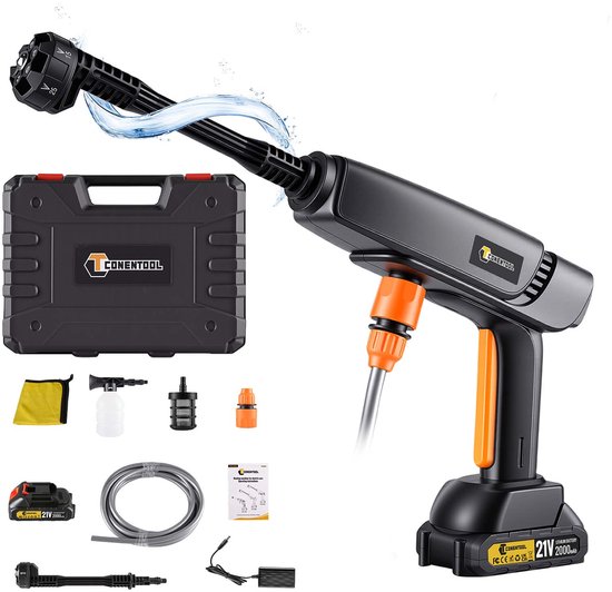 CONENTOOL Draadloze Hogedrukreiniger - Inclusief Accu - Auto Was Set - Terrasreiniger - Hogedrukspuit - Zwart van Merkloos	