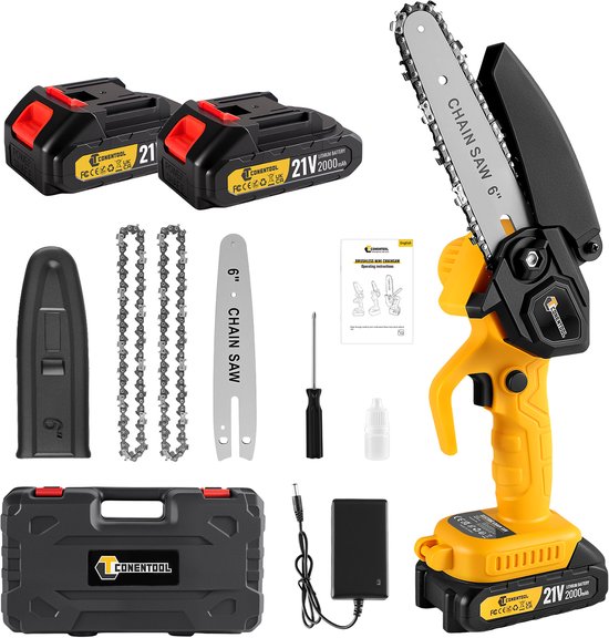 CONENTOOL Mini Kettingzaag 6 Inch – Draadloze Elektrische Handkettingzaag – Snoeizaag Takkenzaag Boomzaag – Inclusief Opbergkoffer, 2 Accu’s en 2 Kettingen