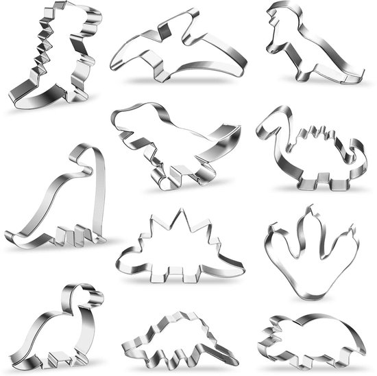 Cookie Cutters, 11 stuks Dino Cookie Cutters groot, dinosaurus-uitsteekvorm van roestvrij staal, DIY fondant koekjesuitstekers voor kinderen verjaardag dino-party decoratie