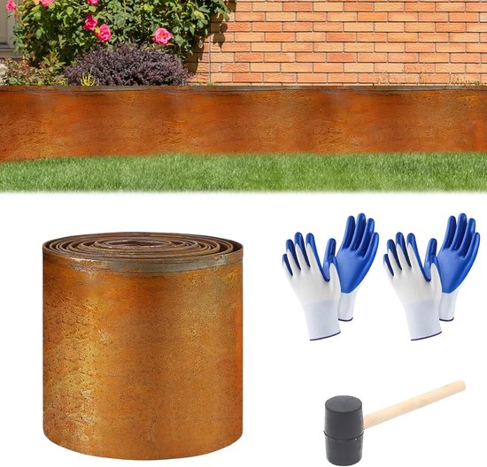 CortenStahl Corten Steel Aartner Lawn Edge, 15 cm High, Bed Border, Metal with 2 Pairs of Gloves, Small Hammer, Bed - ShopVlot