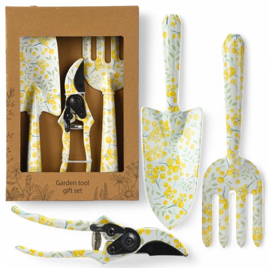Cosensi- Tuingereedschapsset 3-delig - Robuuste Schep - Praktische Hark - Scherpe Snoeischaar - Ergonomisch - Bloemendesign - 28 x 8 cm - Tuingereedschap