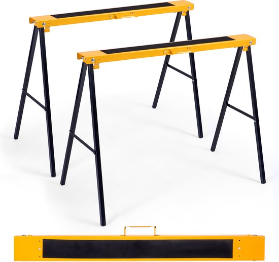 COSTWAY 2 x steigerbokken, klapbokset, steunbok, zaaghulp, metalen onderstelbok, belastbaar tot 275 kg, inklapbare bokken met handgreep, zaagpaard staal, geel van COSTWAY