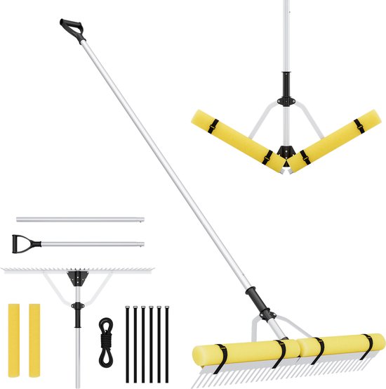 COSTWAY Drijvende onkruidhark met 36-tands harkkop, verstelbare verlengsteel, schuimvlotter & 600cm werptouw, opvouwbare landschaps hark voor tuin gazon vijver, 230x92cm van Merkloos	