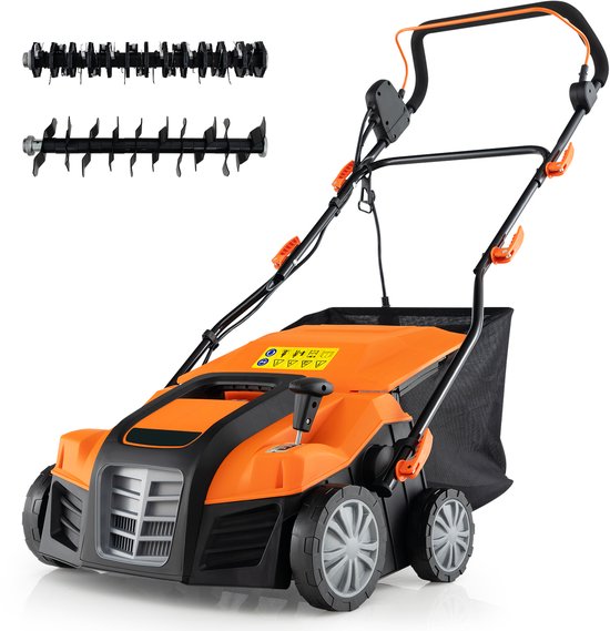 COSTWAY Elektrische verticuteermachine en gazonventilator, 41 cm, 15 A 2-in-1 verticuteermachine met 3 standen hoogteverstelling en 5 niveaus werkdiepte, inklapbare GEH-gazonventilator met 55 l van Costway