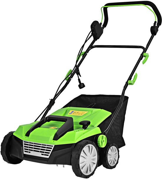 COSTWAY Elektrische verticuteermachine, gazonventilator, 1800 W, 2 treden werkdiepte, 38 cm werkbreedte, 45 l opvangmand, messenwals en ventilatorrol, gazon verticuteermachine voor tuin (groen) van Costway