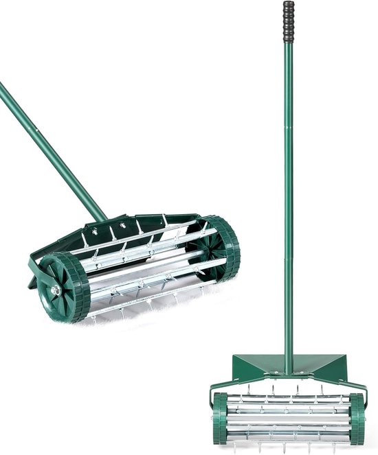 COSTWAY Gazonventilatorroller, gazonrol met steel, 3 cm spijkers en spatbescherming, handverticuteermachine rollend, gazonbeluchter handmatig, verticuteerder gazonwals voor tuin, erf, gazon van Merkloos	