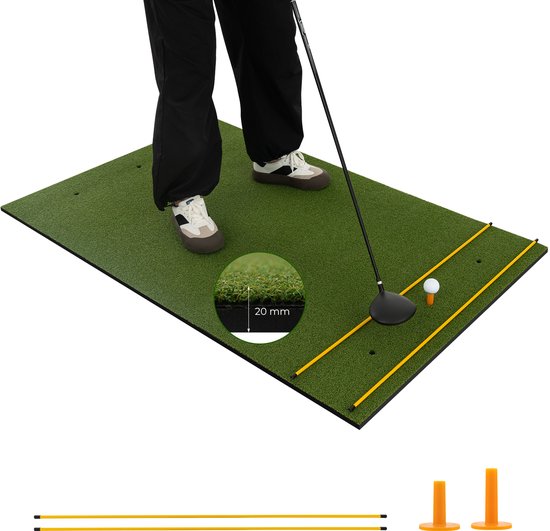 COSTWAY Golf afslagmat, golfoefenmat incl. 2 rubberen tees en 2 uitlijnstaven, golfmat met 6 slagposities, voor binnen en buiten van Costway