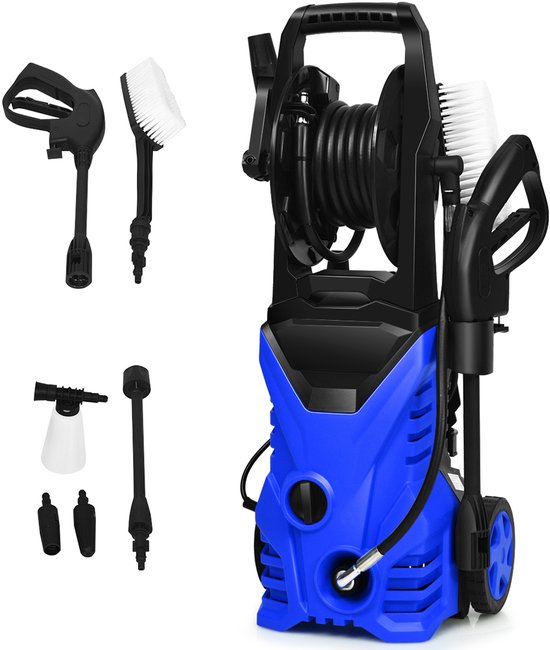 COSTWAY Hogedrukreiniger, 140 bar, 300 l/h draagbare hogedrukreiniger met Lotus-mondstuk en hogedruksproeier, langere draden en tuinslang, geschikt voor het reinigen van tuin, auto, huis (Blauw) van Costway